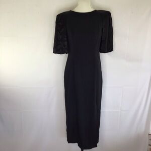 AMANDA TAYLOR WOMEN 50’S VINTAGE DEEP BLACK SCOOP NECK BAT WINGS SHEATH DRESS 6